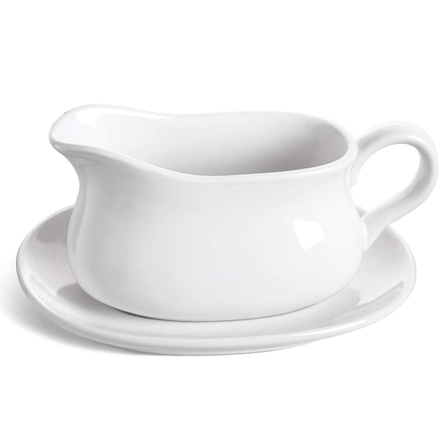 LE TAUCI 17oz Gravy Boat with Saucer Stand, Set of 1, Ceramic Sauce Boat with Tray for Salad Dressings, Creamer, Broth, Black Pepper, White