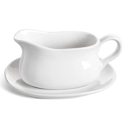 LE TAUCI 17oz Gravy Boat with Saucer Stand, Set of 1, Ceramic Sauce Boat with Tray for Salad Dressings, Creamer, Broth, Black Pepper, White