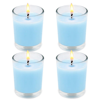 Set of 4 Babyblue Votive Candles Clear Glass Filled Unscented Soy Wax Candle for Home Spa Weddings Holiday Baby-Shower Party and DIY