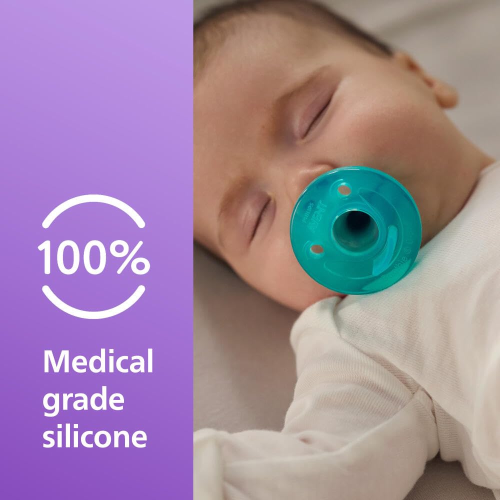 Philips Avent Soothie Orthodontic Baby Pacifiers, 100% Silicone Pacifiers, One Piece, BPA-Free, for Babies 0-3 Months, Green, 4 Pack, Model SCF190/41