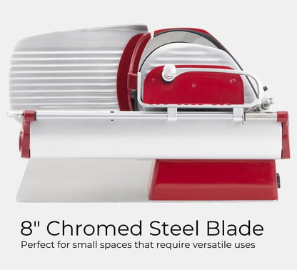 VBI Milano 1898 Home Line Plus 200 Food Slicer | 8-inch Chromed Steel Blade | Adjustable Thickness | Premium Electric Slicer for Prosciutto, Cold Cuts, Cheese, Bread, Veggies and more (Red)