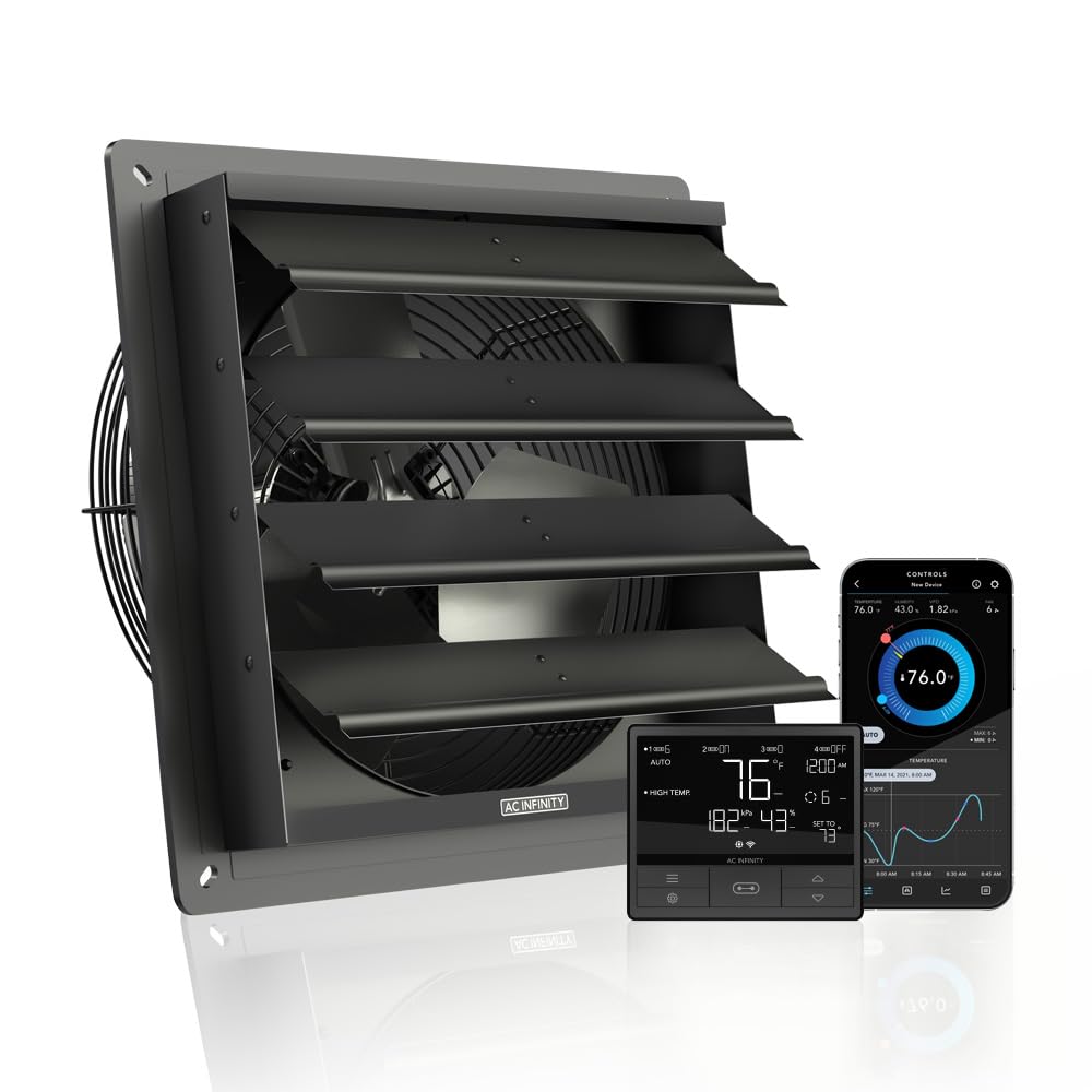 AC Infinity AIRLIFT T12, Shutter Exhaust Fan 12" with WiFi Temperature Humidity Controller, EC-Motor Wall Mount Ventilation and Cooling for Sheds, Attics, Workshops, and Greenhouses