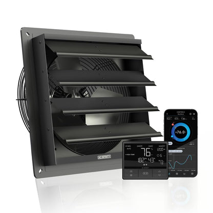AC Infinity AIRLIFT T12, Shutter Exhaust Fan 12" with WiFi Temperature Humidity Controller, EC-Motor Wall Mount Ventilation and Cooling for Sheds, Attics, Workshops, and Greenhouses