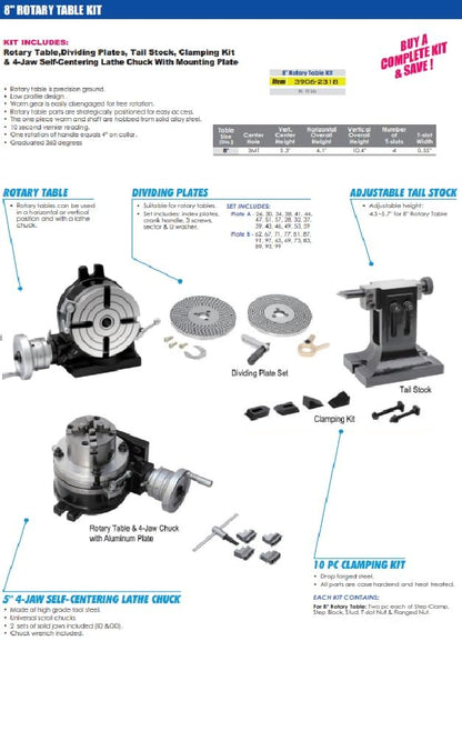 HHIP 3906-2318 8" Rotary Table Tailstock Dividing Plates Lathe Chuck & Clamping Kit