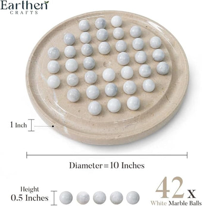 Marble Peg Solitaire Board Game 10 Inches Beige Stone Game with 42 White Assorted Marble Balls Classic Brain Puzzle for Fun Elegant Decor for Family Only