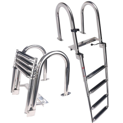 Stainless Steel in-Board 4-Steps Ladder Welded Reinforce Folding Docking Ladder, Folding Telescoping Rear Entry Inboard Ladder