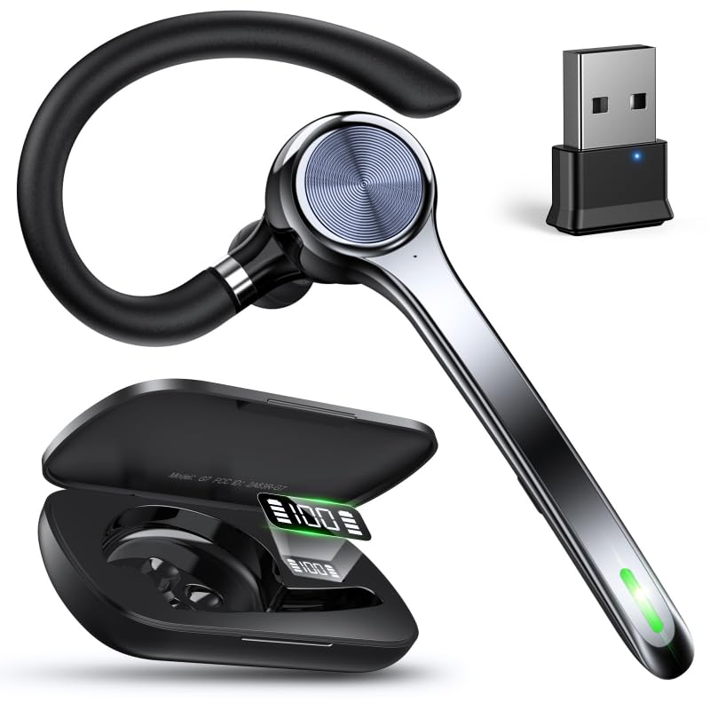Ngsod Bluetooth Headset, Wireless Earpiece with Upgrade Noise Canceling Mic,500mAh Charging Case Support 72H Talking Time,Hand-Free Headphones with Mute Button for Computer Cell Phones Trucker Work