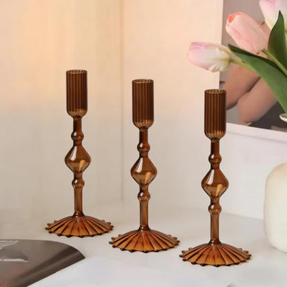 Mineaud 3Pcs Glass Candlestick Holders Glass Taper Candle Holders Groovy Wavy Elegant Candle Stick for Home Party Decoration,Styled-Coffee