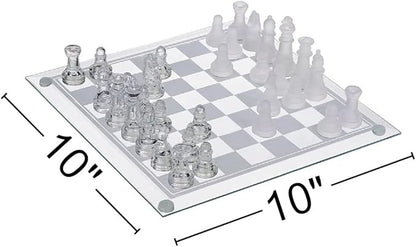 Gamie Premium Glass Chess Set 10 Inch - Elegant Design - Durable Build - 32 Frosted and Clear Pieces - Felted Bottoms - Easy to Carry - Stable &amp Fully Functional for Chess Lovers