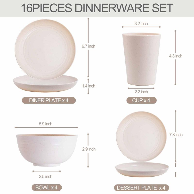 Rubtlamp Wheat Straw Dinnerware Sets, 16PCS Plastic Dinnerware Set for 4, Wheat Straw Plates and Bowls Sets, Unbreakable Dinnerware Plastic Microwave Safe Dishes Set for Kitchen&Camping