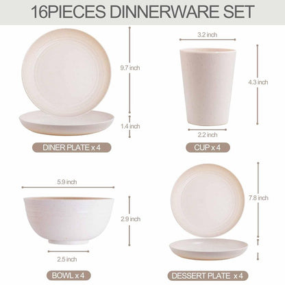 Rubtlamp Wheat Straw Dinnerware Sets, 16PCS Plastic Dinnerware Set for 4, Wheat Straw Plates and Bowls Sets, Unbreakable Dinnerware Plastic Microwave Safe Dishes Set for Kitchen&Camping