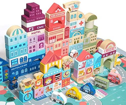 181pcs 'Streetscape' Wooden Building Block Set for Toddlers Jigsaw Puzzle City Map 11 Buildings (3 Extra Bonus: Circus Zoo &amp Construction Site) Preschool Learning Educational Toys
