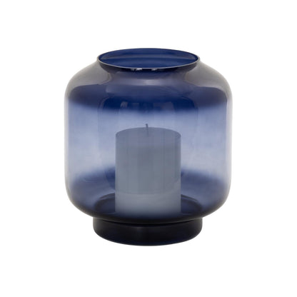 Deco 79 Glass Room Hurricane Lamp Tinted Wide Hurricane Candle Holder with Elevated Base, Table Centerpiece Lamp 7" x 7" x 8", Blue