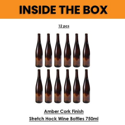 FastRack 750ml Amber Glass Wine Bottles (Pack of 12) | W13 Stretch Hock Empty Bottles for Homemade Wine, Kombucha & Beer – Amber Liquor Bottles for Wine Making & Storage – No Corks Included