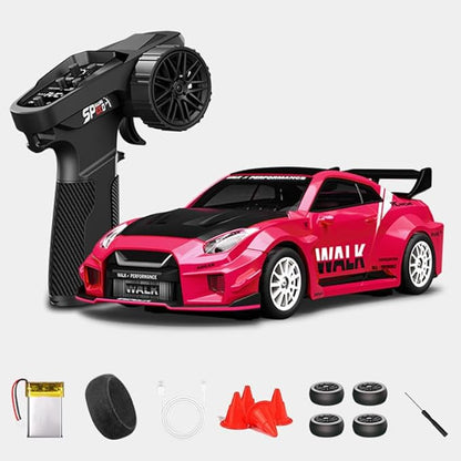 1:43 RC Drift Car D43-02 - 2.4G Full Proportional 4WD Alloy 20KM/H High Speed RC Racing Car with Gyro Silent Bearings Adjustable Speed &amp Lighting(Q4/Brilliant Magenta/D43-02)
