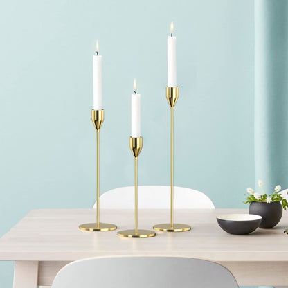 SUJUN Candle Holders Set of 3 for Taper Candles, Decorative Candlestick Holder for Wedding, Dinning, Party, Fits 3/4 inch Thick Candle&Led Candles (Metal Candle Stand) (Gold)
