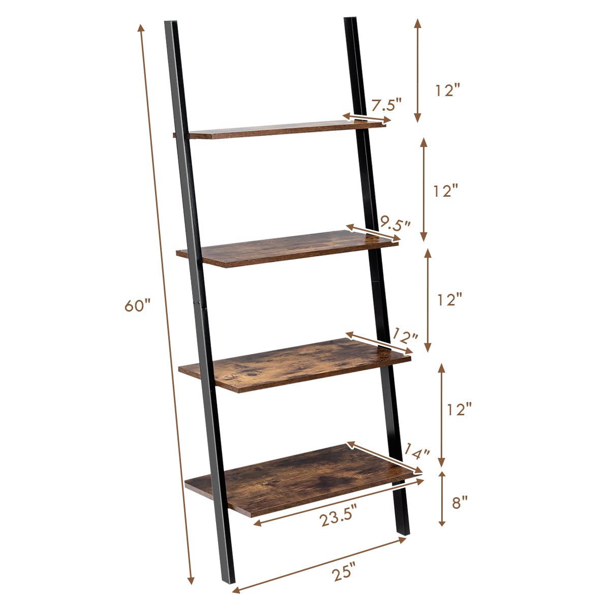 Tangkula Industrial 4-Tier Ladder Shelf, Leaning Against The Wall Bookshelf for Living Room Office, Multipurpose Storage Rack Shelves with Metal Frame, Plant Flower Stand (Rustic Brown)