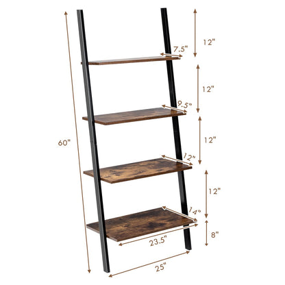 Tangkula Industrial 4-Tier Ladder Shelf, Leaning Against The Wall Bookshelf for Living Room Office, Multipurpose Storage Rack Shelves with Metal Frame, Plant Flower Stand (Rustic Brown)