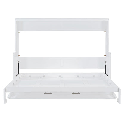 Ball & Cast Horizontal Murphy Bed Queen Size,Hidden Folding Wall Bed Frame with Hydraulic Lift&Desk,Wood Cabinet Platform Bed can be Folded into Desk,Space Saving for Bedroom,Guest Room,White