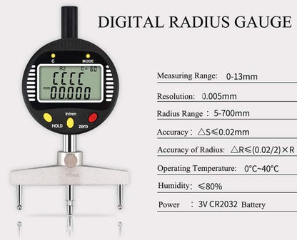 AICEYI Digital Inner and Outer Radius Measuring Instrument with 10mm/20mm/30mm/60mm/100mm Replaceable Measuring Claws,Black Radius Range: 5-700mm (0.2-27.5in”), Linear Range: 0-12.7mm (0-0.5in”)