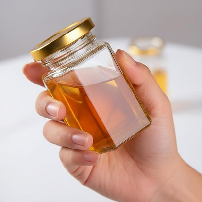 Adabocute 4oz Hexagonal Honey Jars - Glass Honey Jars with Gold Lids, Wooden Dippers, Bee Charms and Jutes - Hexagon Jars for Baby Shower, Wedding and Party Favors, 12 Pack