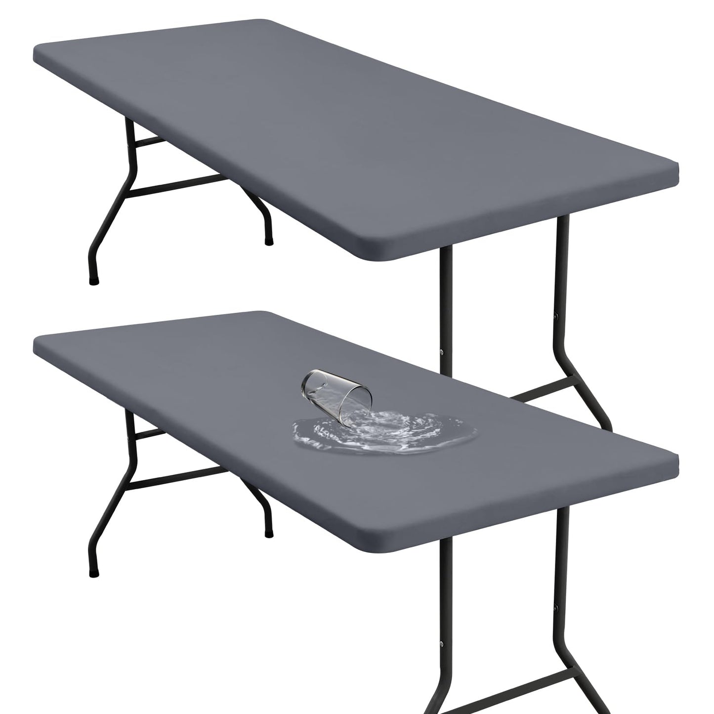 homing 2 Pack 6 Foot Rectangle Elastic Fitted Tablecloth, Waterproof Fabric Table Cover, Washable Polyester Table Cloth for Picnic, Camping, Outdoor (Grey, 30" x 72")