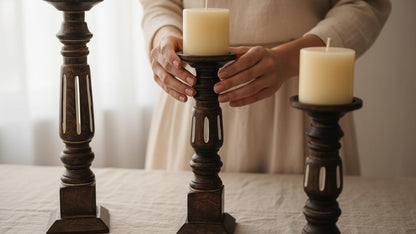 Pillar Candle Holders Set of 3, Candle Holders for Pillar Candle,Mango Wood Candle Holder for Coffee Dining Table, Wedding, Christmas, Halloween, Home Decoration,Brown