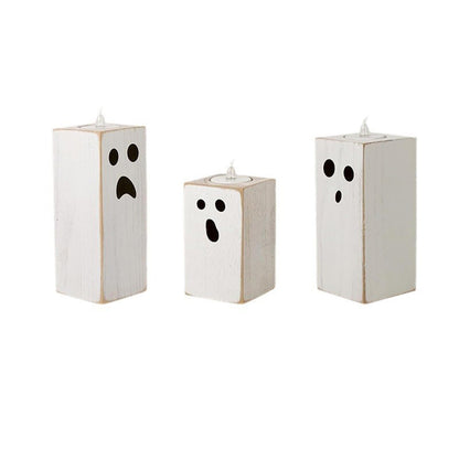 3PCS Halloween Wood Tealight Candle Holders Rustic Wooden Ghost Theme Table Sign Blocks with Tea Light Candle Holder for Farmhouse Centerpieces, Office, Tiered Tray, Shelf Décor
