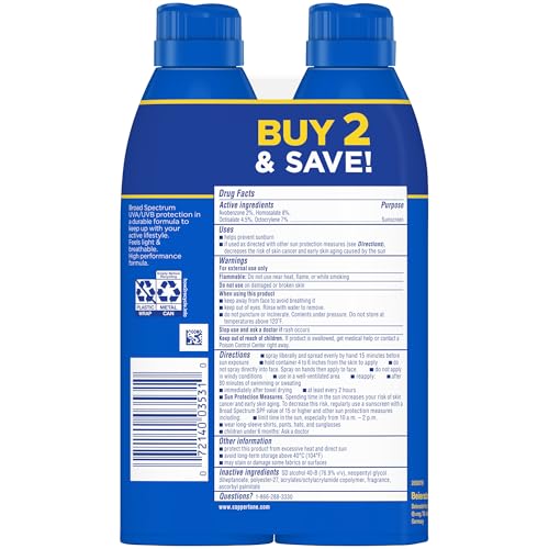 Coppertone Sport Sunscreen Spray SPF 30, Water Resistant Spray Sunscreen Pack, 5.5 Oz, Pack of 2 (Packaging May Vary)