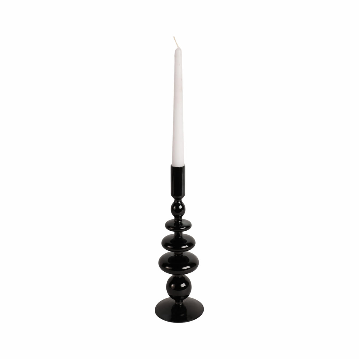 Glass Taper Candle Holder - Candle Holder for Sculptural Candlelight - Dining Room Table Decor or Mantel Display - Modern Disc and Sphere Design Accent, Home Decor – 11", Black