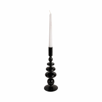Glass Taper Candle Holder - Candle Holder for Sculptural Candlelight - Dining Room Table Decor or Mantel Display - Modern Disc and Sphere Design Accent, Home Decor – 11", Black