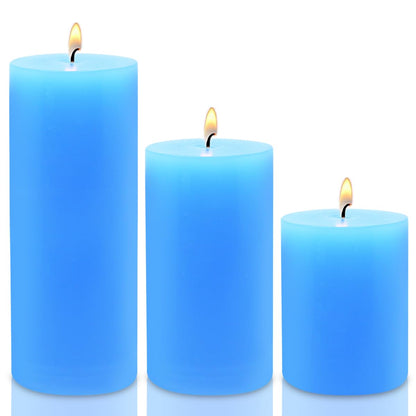 Blue Pillar Candles Set of 3 - Dripless Unscented - 3x4, 3x6 & 3x8 inches Decorative Candles for Home Decor & Table Centerpieces