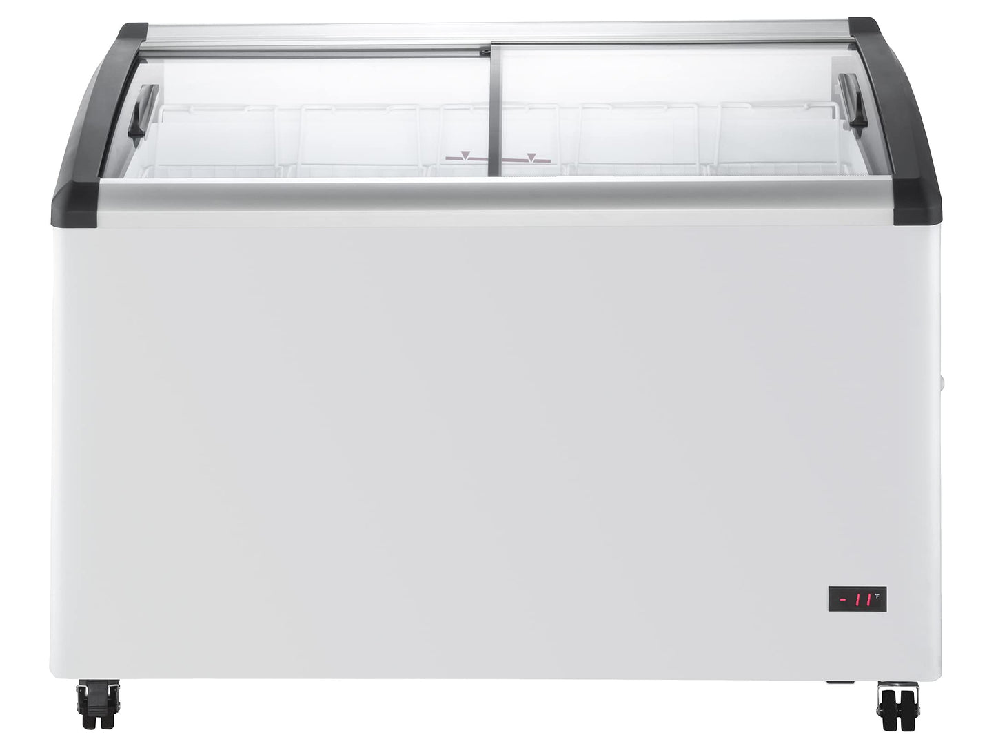 Duura Commercial Mobile Ice Cream Display Chest Freezer Sub Zero Temp Curved Glass Top Frost Free Lid with 5 Wire Baskets, 47.4 Inch Wide 12.8 Cubic Feet, White