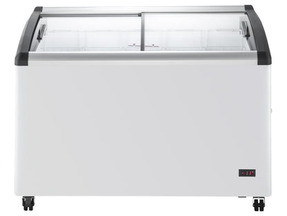 Duura Commercial Mobile Ice Cream Display Chest Freezer Sub Zero Temp Curved Glass Top Frost Free Lid with 5 Wire Baskets, 47.4 Inch Wide 12.8 Cubic Feet, White