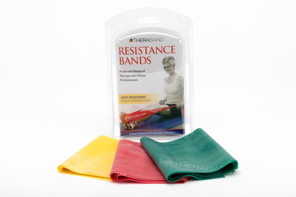 THERABAND Resistance Band Set, Professional Elastic Bands for Upper & Lower Body, Core Exercise, Physical Therapy, Lower Pilates, At-Home Workouts, & Rehab, 5 Foot, Yellow, Red & Green, Beginner