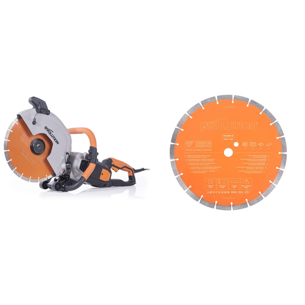 Evolution - 12 in Concrete Saw - 15A Motor, No Gas - 4-1/2 in Cut - Incl Premium Diamond Blade & 12 Inch Premium Diamond Blade With Segmented Edge and High Diamond Concentration, 1 In Bore