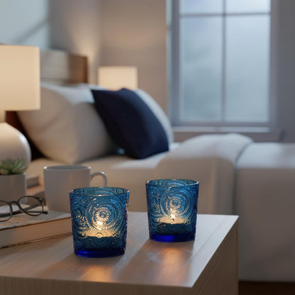 6 Pack Patented Sun Moon Star Embossed Glass Tea Light Candle Holders - Unique Votive Candle Holders for Wedding, Party, and Table Centerpieces (Ocean Blue)