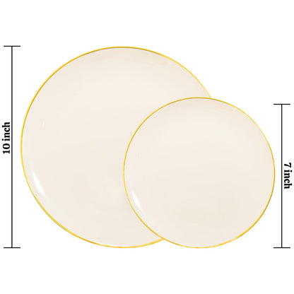 PULOTE 60 PCS Ivory Plastic Plates - Cream Plastic Disposable Include 30 Dinner and 30 Dessert Plates with Gold Rim - Ideal for Party & Wedding