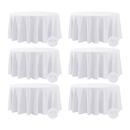 Fokitut 6 Pack Waterproof Round Tablecloth, 132 Inch, Stain Resistant and Wrinkle Polyester Table Cloth, Fabric Table Cover for Kitchen Dining, Wedding, Party, Holiday Dinner-White