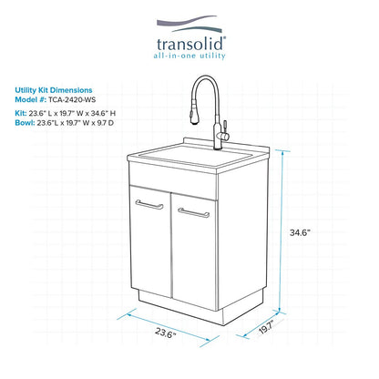 Transolid TCAB-2420-WSW 24-in All-in-One Laundry Cabinet Sink, Stainless Steel High Arc Faucet, and Basket in White