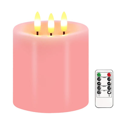 Large 3 Wick Flameless Candles, 4"x4" Flickering Flameless Candles with Remote & Timer, Dimmable Real Wax LED Candles Battery Operated, Electric Pillar Candles for Wedding Valentine's Day Decor (Pink)