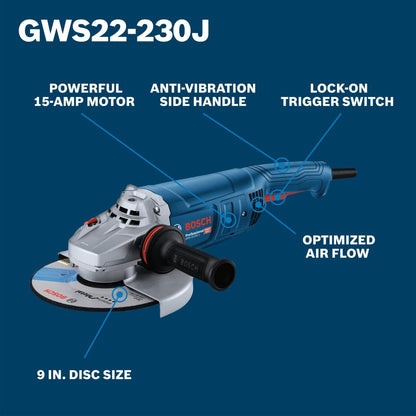 BOSCH GWS22-230J 9" Angle Grinder, 15-Amp Motor, 6,500 RPM for Heavy-Duty Grinding, Anti-Vibration Handle, Large Angle Grinder for Metalworking (Inc: Cutting Guard, Grinding Guard, and Handle)