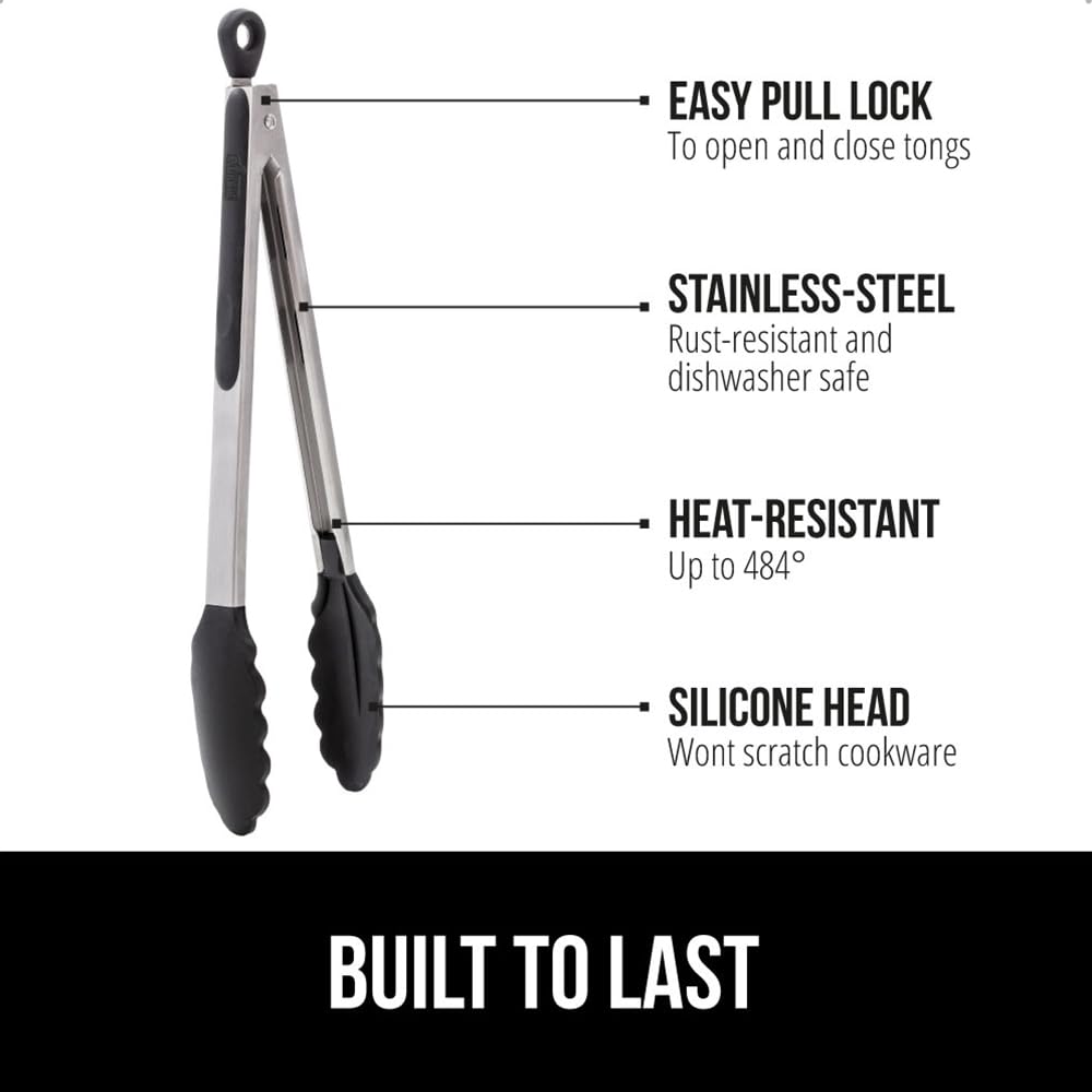 GORILLA GRIP Stainless Steel Heat Resistant Kitchen Tongs for Cooking, 9 + 12 Inch, Set of 2 BBQ Tong, Non Scratch Silicone Tip for Pan, Strong Grip, Grab Food, Toss Salad, Air Fryer, Pull Lock, Black
