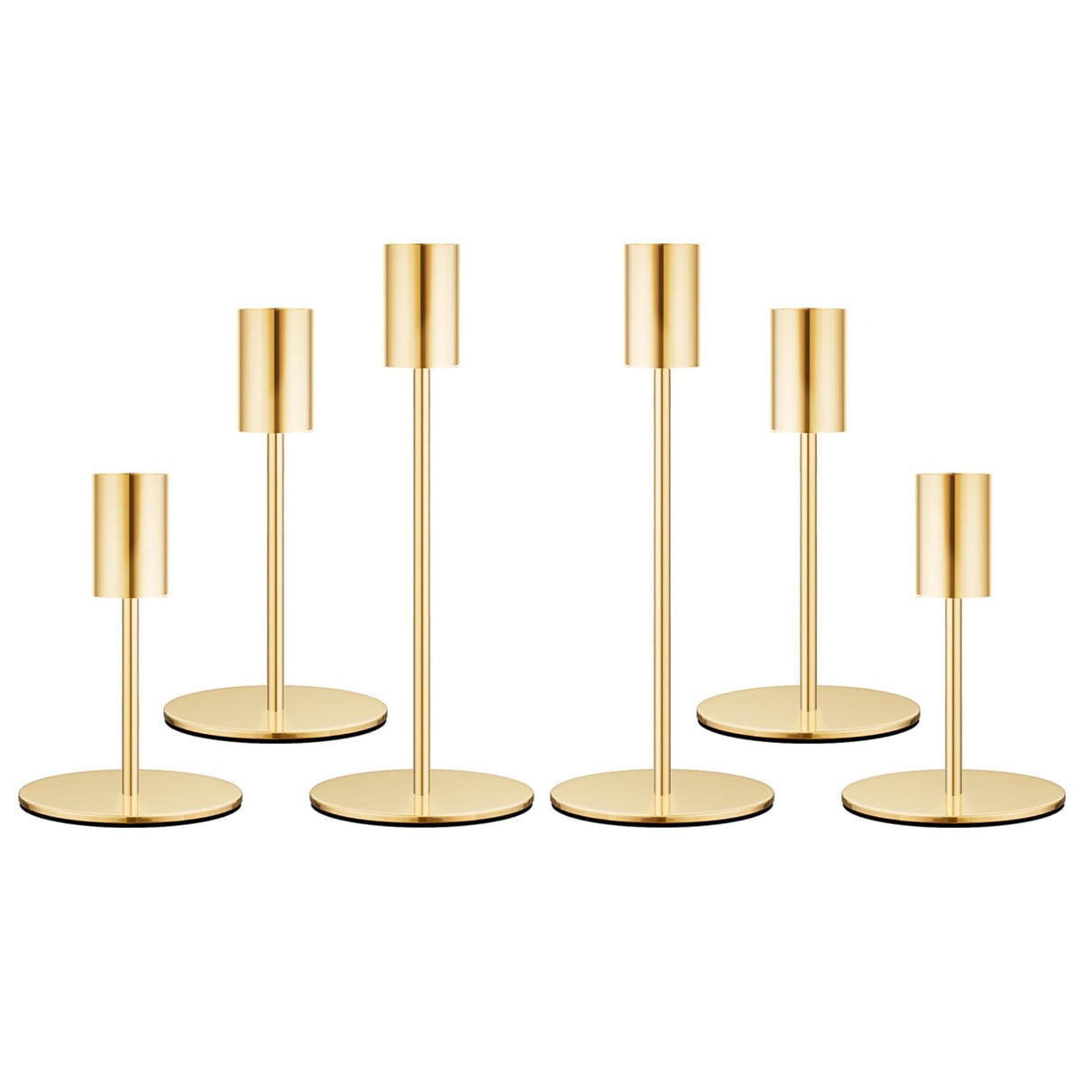 zeochyni French Gold Candlestick Holders Set of 6, Metal Taper Candle Holders in 3 Heights with Weighted Base for Dining Table Centerpiece, Wedding, Mantel Decor and Housewarming Gift