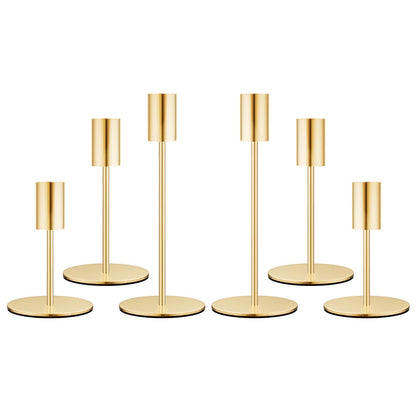 zeochyni French Gold Candlestick Holders Set of 6, Metal Taper Candle Holders in 3 Heights with Weighted Base for Dining Table Centerpiece, Wedding, Mantel Decor and Housewarming Gift