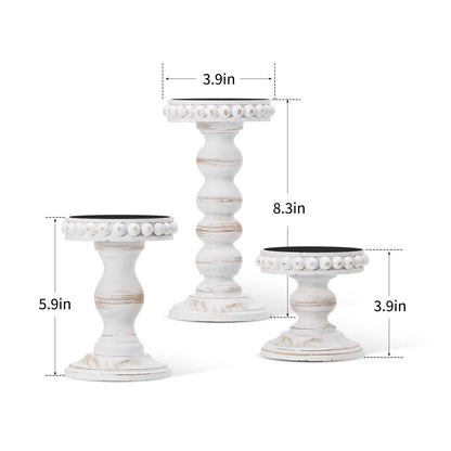 Mumufy 3 Pcs Candle Holders for Pillar Candles Rustic Farmhouse Home Decor Decorative Washed Beaded White Black Wood Candle Holder Country Style for Table Mantel Fireplace Wedding (White,Small)
