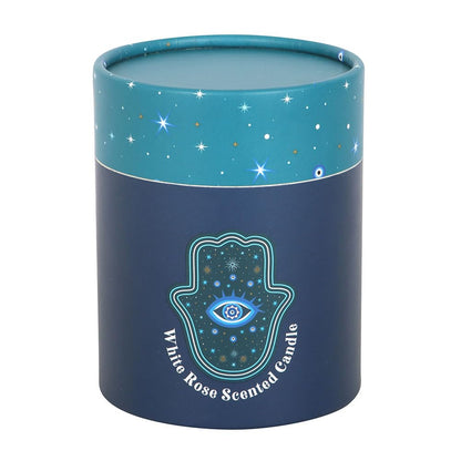 Hamsa White Rose Crystal Candle | 48 Hour Burn | Protective Spiritual Decor | Mystical Gift | Star Accent Glass Jar