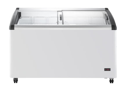 Duura Commercial Mobile Ice Cream Display Chest Freezer Sub Zero Temp Curved Glass Top Frost Free Lid with 6 Wire Baskets, 53.2 Inch Wide 15.2 Cubic Feet, White