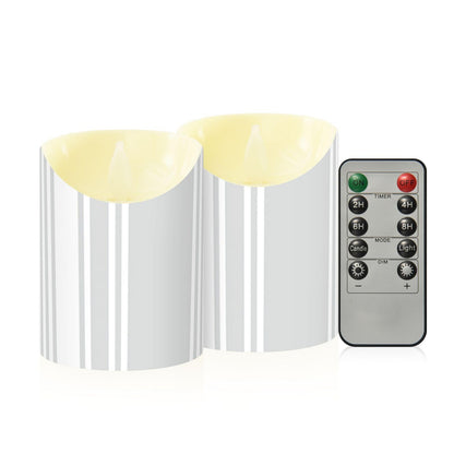 Gravopti Grey Stripe 2 Pack Flameless LED Pillar Candles with Remote & Timer, Battery Operated, Flickering Wax Candle for Wedding, Romantic Home & Party Decor