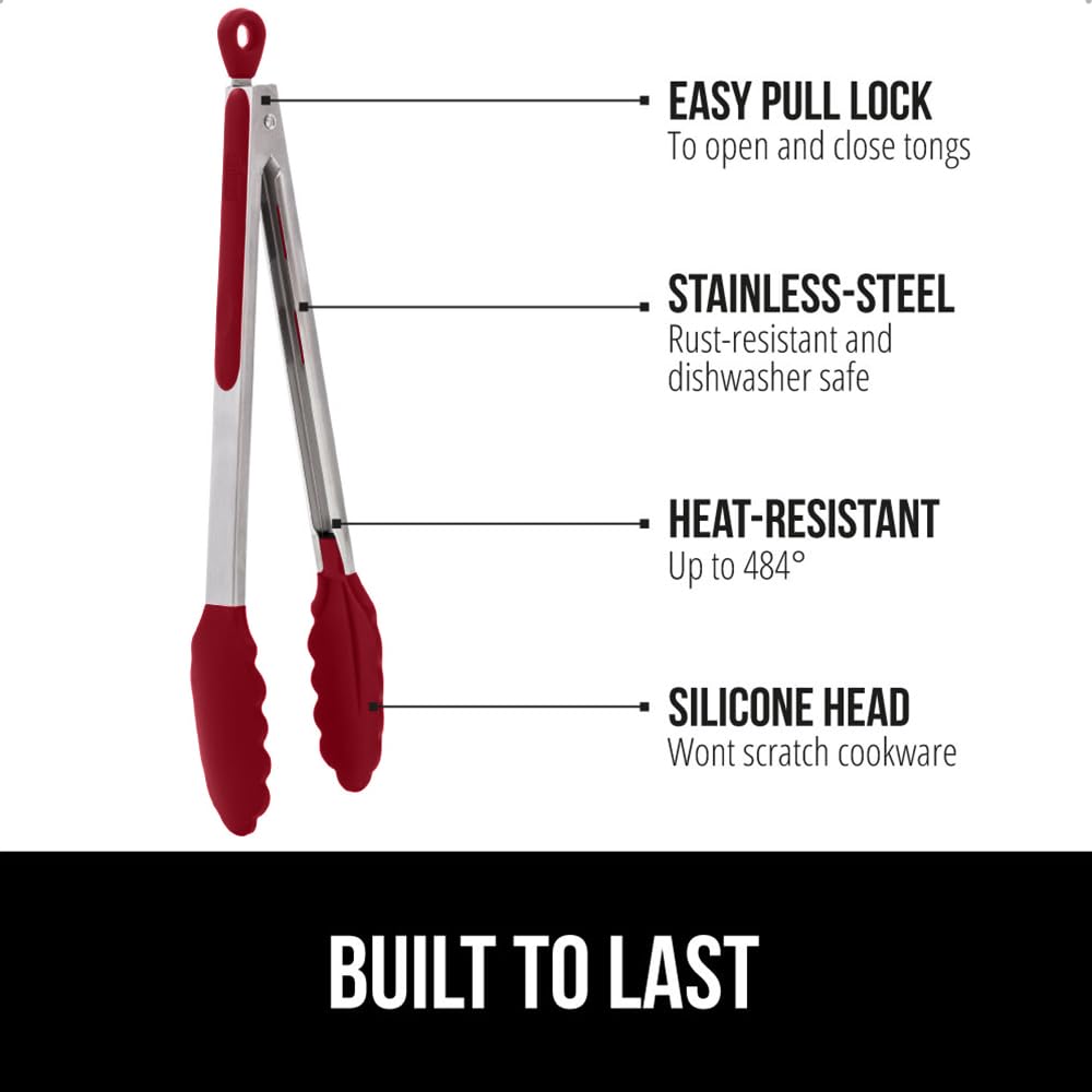 GORILLA GRIP Stainless Steel Heat Resistant Kitchen Tongs for Cooking, 9 + 12 Inch, Set of 2 BBQ Tong, Non Scratch Silicone Tip for Pan, Strong Grip, Grab Food, Toss Salad, Air Fryer, Pull Lock, Black